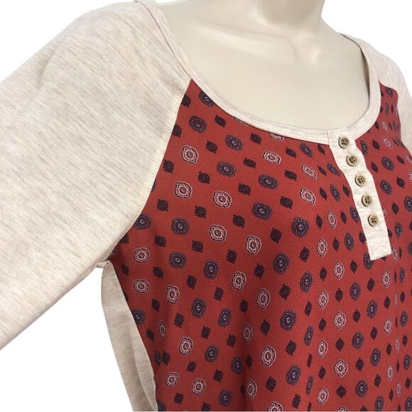 Rewind Boho Inspired Red White Blue Scoop Neck Roll sleeve Mixed Media Top - Picture 5 of 16